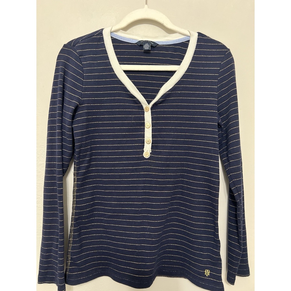 Tommy Hilfiger Henley Y2K Blue Gold Striped Long Sleeve Top Sz L